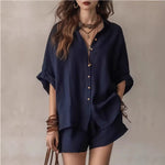 Single-Breasted Short-Sleeved Shirt Wide-Leg Shorts - navy blue