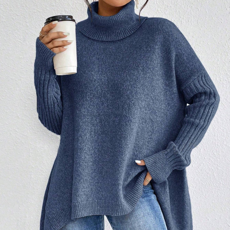 Irregular Turtleneck Sweater: Modern Intellectual Style- blue