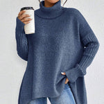 Irregular Turtleneck Sweater: Modern Intellectual Style- blue