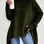 Irregular Turtleneck Sweater: Modern Intellectual Style - dark green