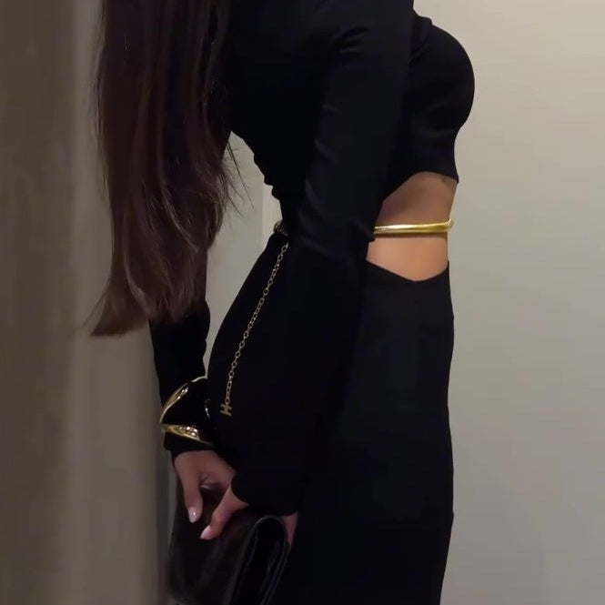 Black Cutout Waist Long-Sleeve Maxi Dress-Includes Waist Chain