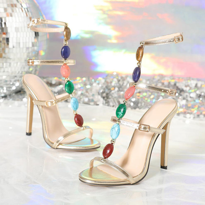 Colourful Beads Buckle Stiletto Sandals