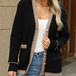 Contrast Trim Button Up Long Sleeve Cardigan - runwayfashionista.com