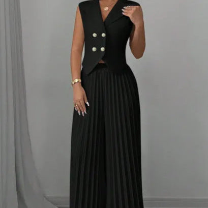 Vest Top And Pleated Straight Pants Set - black