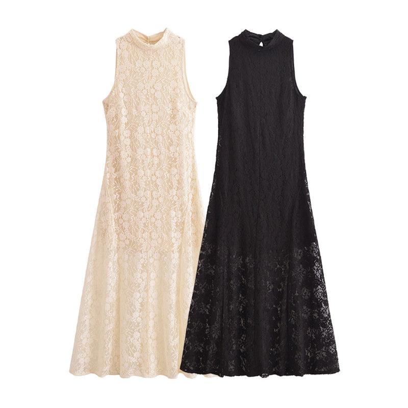 High Neck Retro Laced Flared Dress