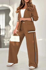2 Pcs Set Long Sleeves Jacket Wide Leg High Waist Trousers Outfit - brown