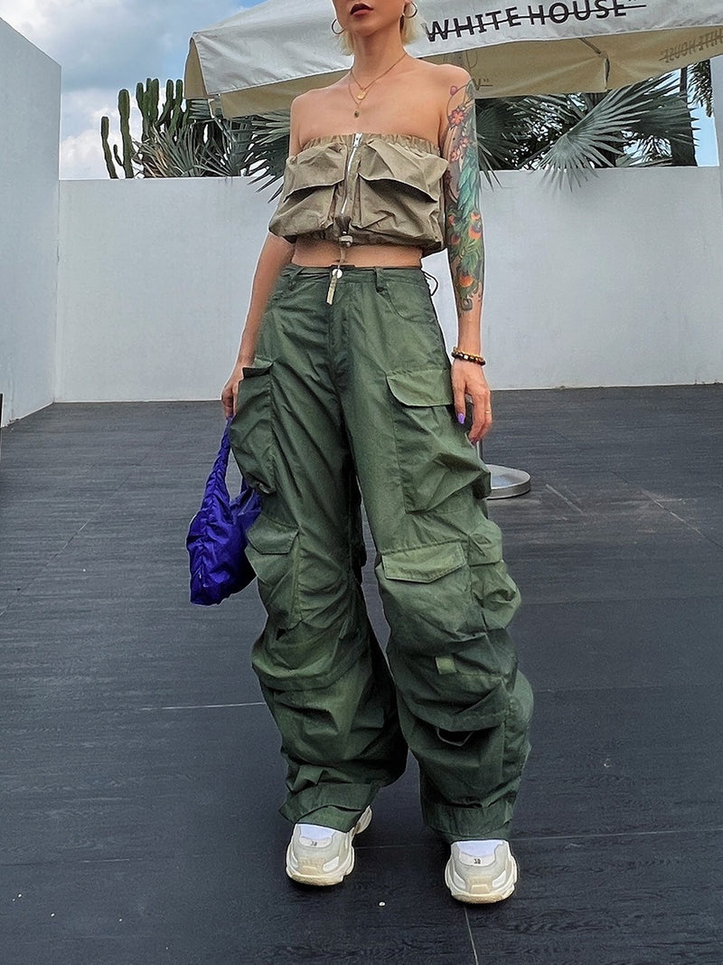 High Waist Patchwork Pockets Cargo Pant - runwayfashionista.com