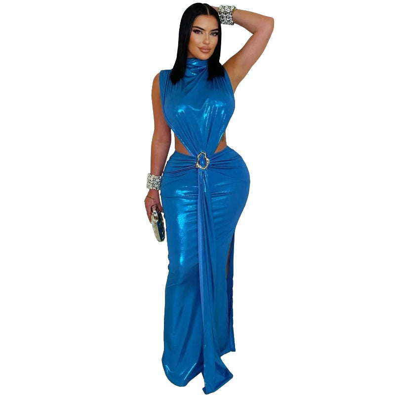 This sleek high-neck midi dress commands attention with its bold, sleeveless design—perfect for making a daring statement.