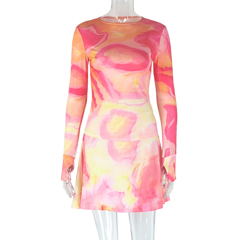Stylish European and American style skirt set for casual occasions, featuring a short floral dress with long sleeves, available in green floral and red floral.