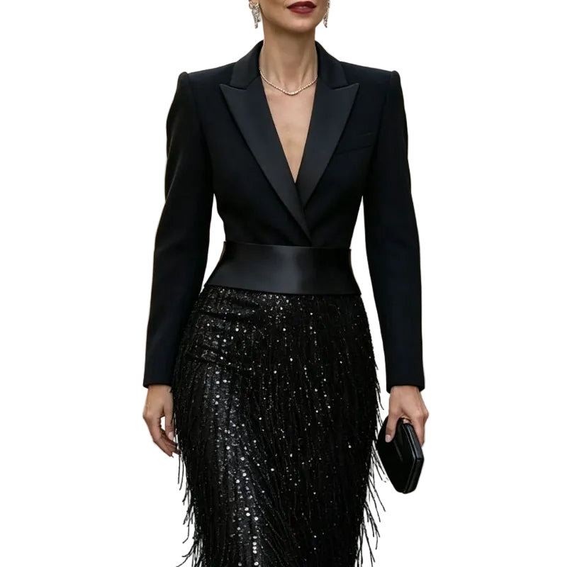 Black Blazer Sequin Fringe Midi Dress