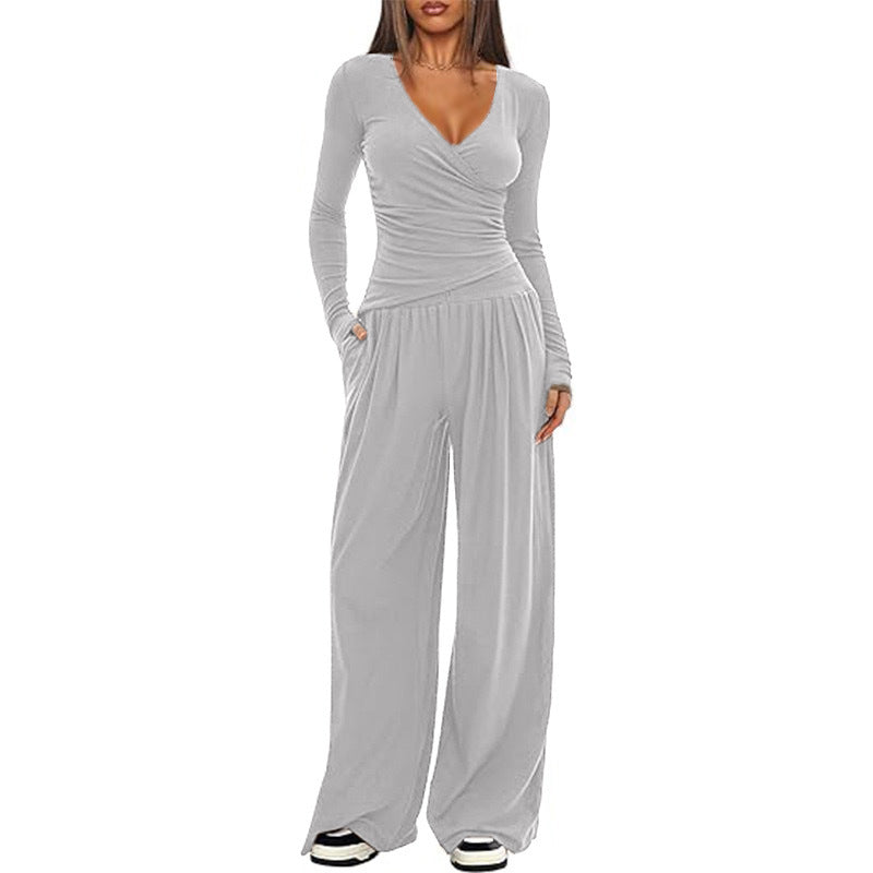 Top And Wide-leg Pants Set - grey