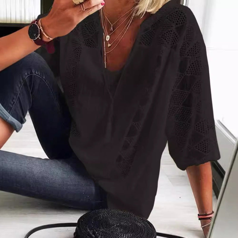 Romantic Sophistication: The U-Neck Hollow Out Lace Patchwork Top - black