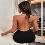Crossover V-Neck Halter Tie-Back Body-Con Mini Dress - black