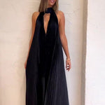 Black V-Neck Pressed Pleated Maxi Dress
