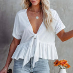 Tied Plunge Short Sleeve Blouse - runwayfashionista.com