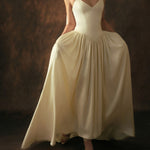Cream Satin V-Neck Fitted Bodice Full A-Line Gown with Sheer Scarf
