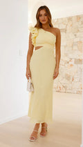A fitted, one-shoulder maxi dress with a V-neck and sleeveless design, available in green, yellow, rose pink, red, and black, suitable for resort wear.