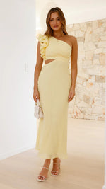 A fitted, one-shoulder maxi dress with a V-neck and sleeveless design, available in green, yellow, rose pink, red, and black, suitable for resort wear.