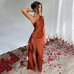 One-shoulder Backless Slit Maxi Dress -rust