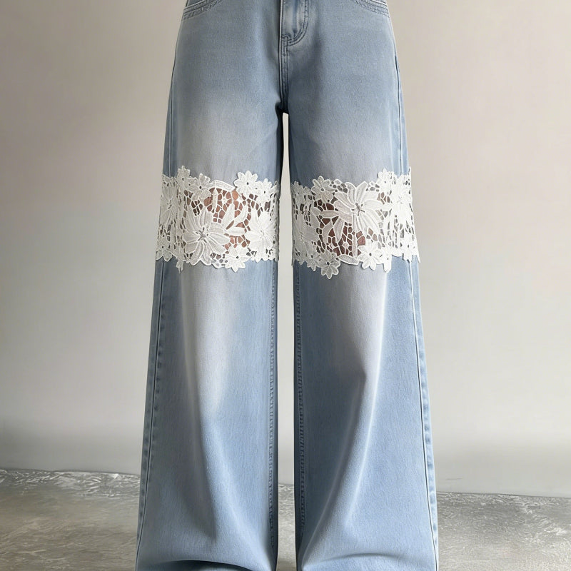 Light Wash Lace Insert Wide Leg Jeans 
