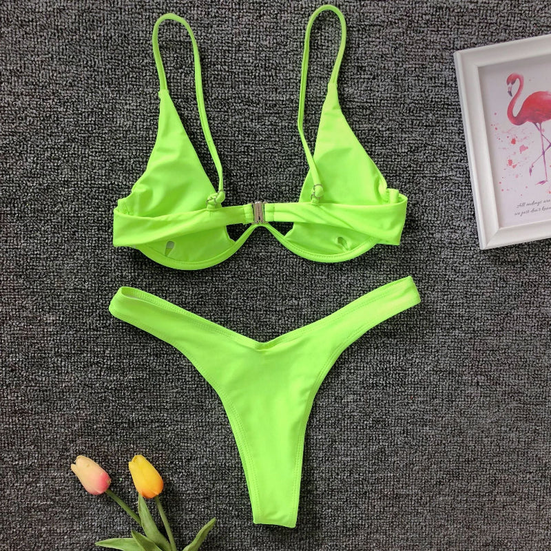 Underwire Push-Up Bikini Set With High-Cut Bottom - light green