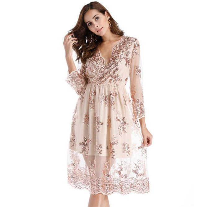 Floral Sequin V-Neck Midi Dress - white