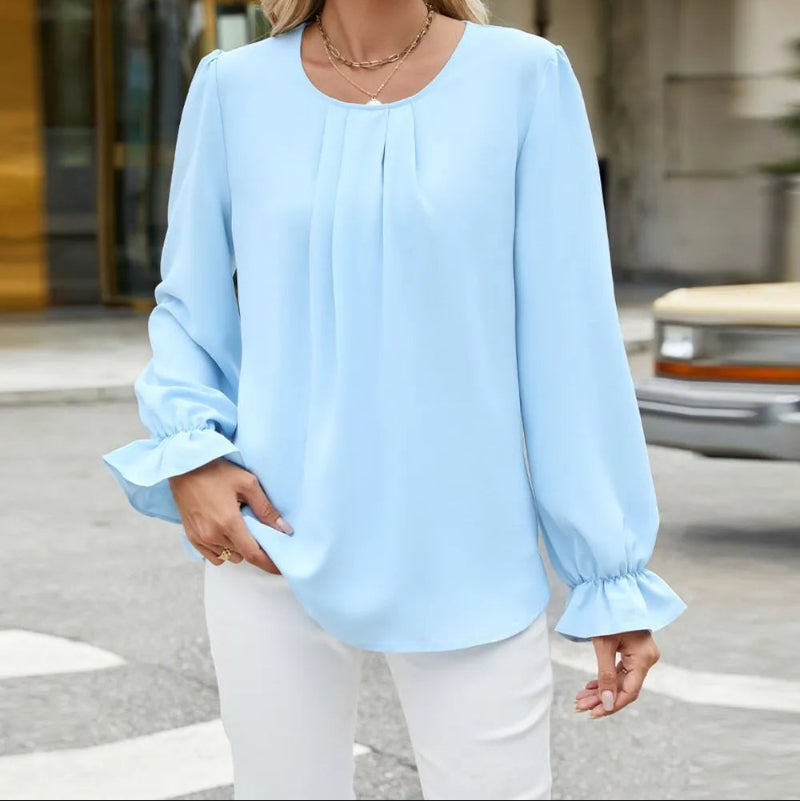 Round Neck Flounce Sleeve Top -runwayfashionista.com
