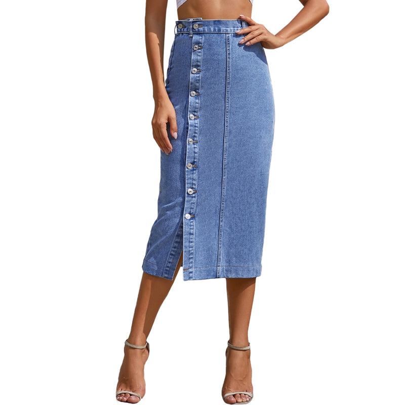 High Waist Split Midi Demin Skirt - runwayfashionista.com