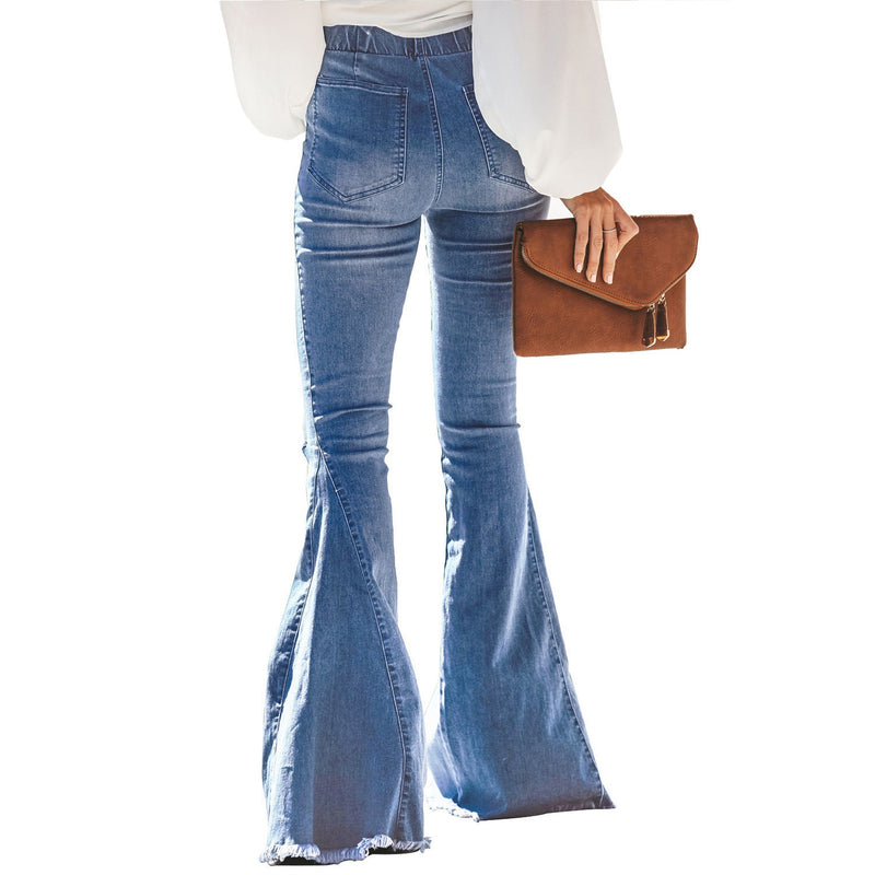 Denim Flared Elastic Waist Jeans - runwayfashionista.com