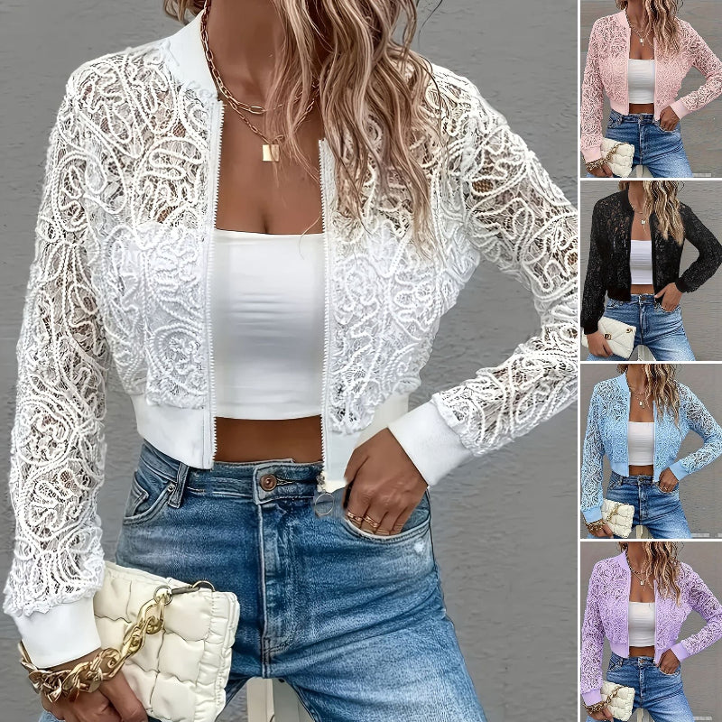 Edgy Short Lace Zipper Jacket - White
