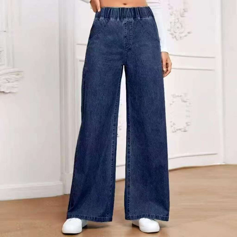 Elastic-Waist Wide-Leg Jeans - dark blue
