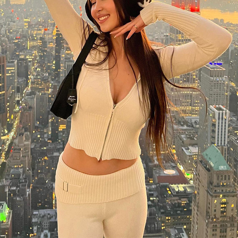 Sweater And High Waist Long Pants Set - beige
