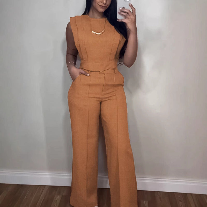 Round Neck Vest Top And Pocket Straight Pants Set - brown