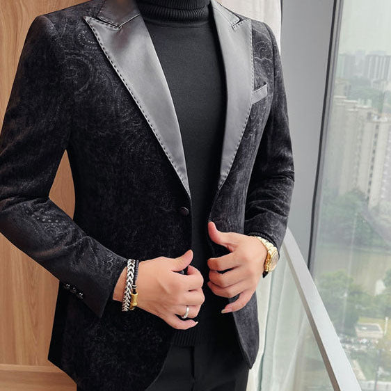 Jacquard Velvet Leather Lapel Men's Blazer