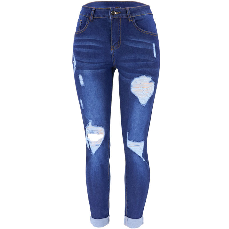 Ripped Hole Washed High Waist Blue Jeans