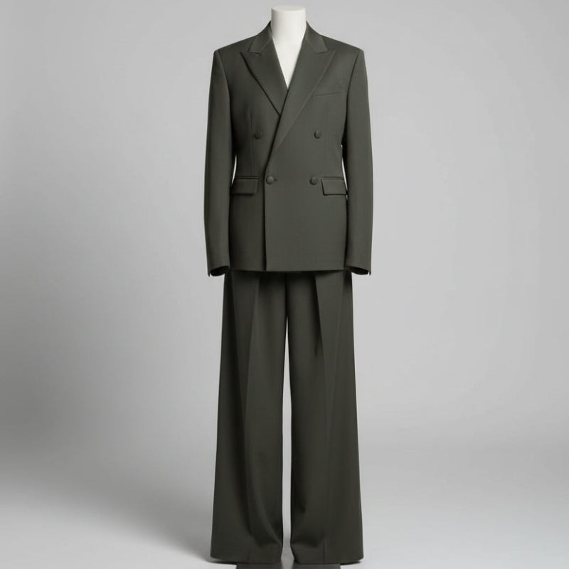 Olive Green Oversized Three-Piece Suit With Blazer, Waistcoat And Wide-Leg Pants
