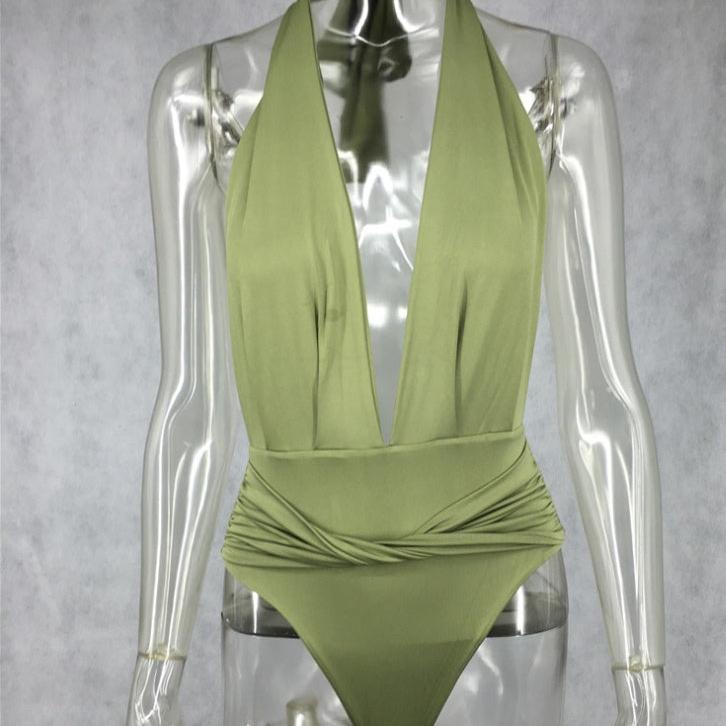 Deep-V Ruched Strap Backless Monokini - green