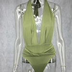 Deep-V Ruched Strap Backless Monokini - green
