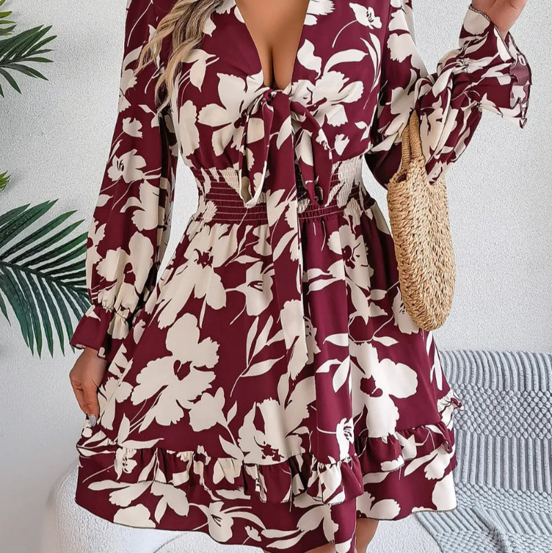 Tied Ruffled Printed Long Sleeve Dress - runwayfashionista.com