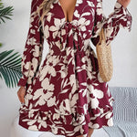 Tied Ruffled Printed Long Sleeve Dress - runwayfashionista.com