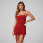 Double Spaghetti-Strap Square-Neck Full-Body Ruched Side-Drawstring Bodycon Mini Dress — 5 Colours