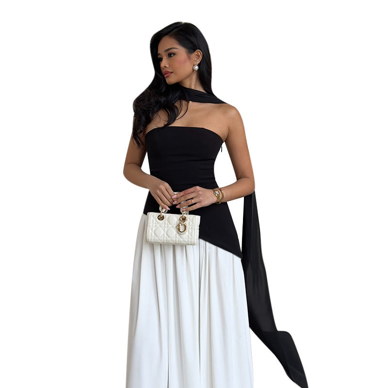 Statement: Strapless Color-Blocked Midi Dress