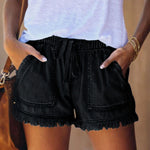Elastic Waist Fringe Denim Shorts