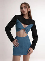 Patchwork bow top and short A-line skirt fashion set