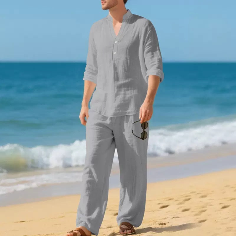V-Neck Shirt And Long Pants Set - lgrey