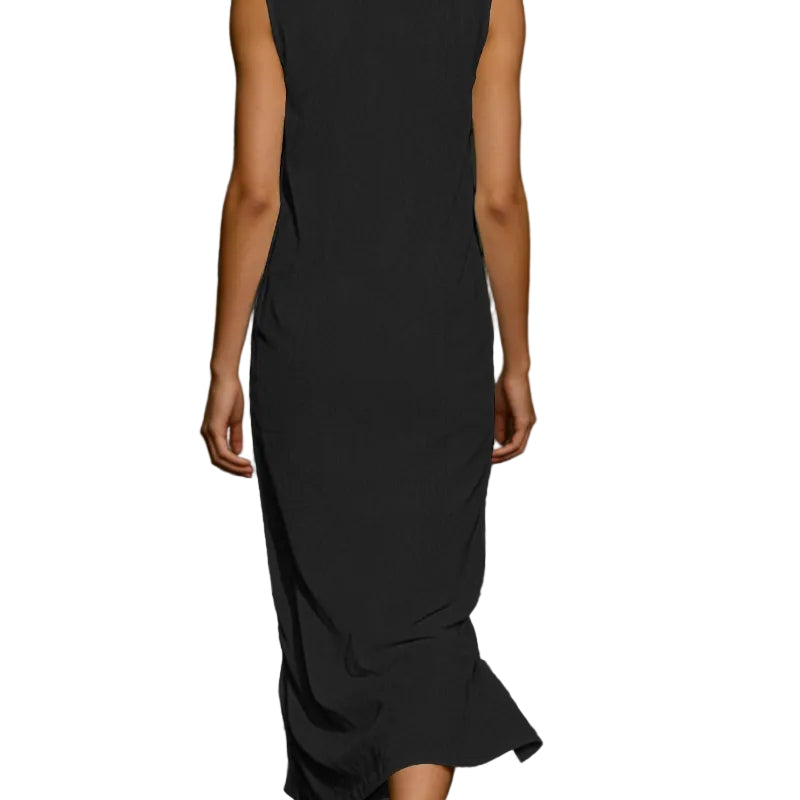 Sleeveless Stand Collar Zip Front Maxi Dress - black