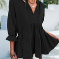Ruffled Notched Three-Quarter Sleeve Blouse -runwayfashionista.com