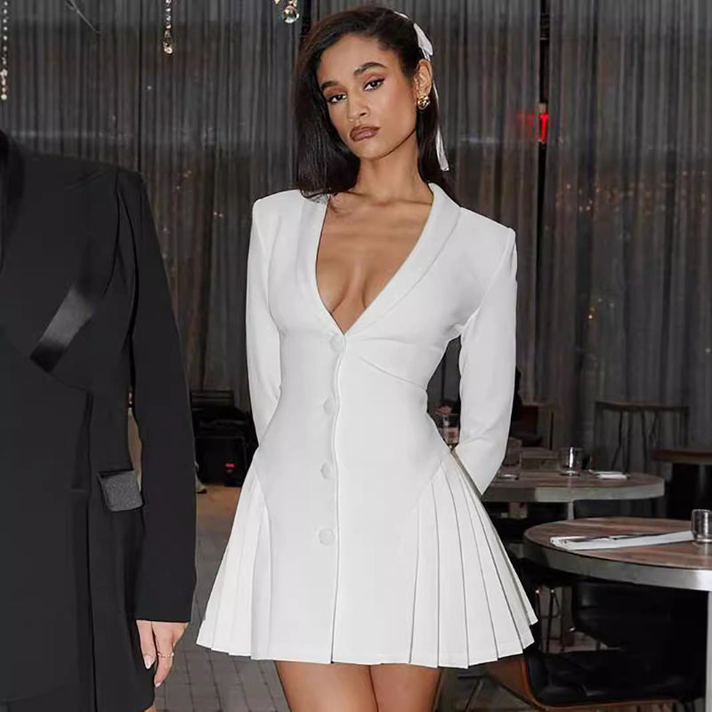 Black or white deep V-neck, long-sleeve short dress made of polyester, featuring a solid color, wrinkle pressing process, cardigan style, high waist, and hood cover front placket, available in sizes S, M, L.