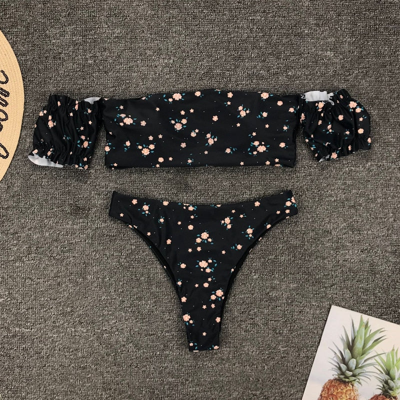 Ditsy Floral Puff-Sleeve Bandeau High-Waist Bikini Set - black