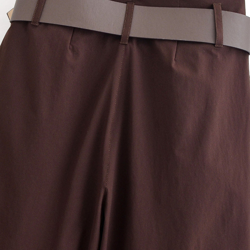 Chocolate Brown High-Waisted Wide-Leg Trousers With Belt